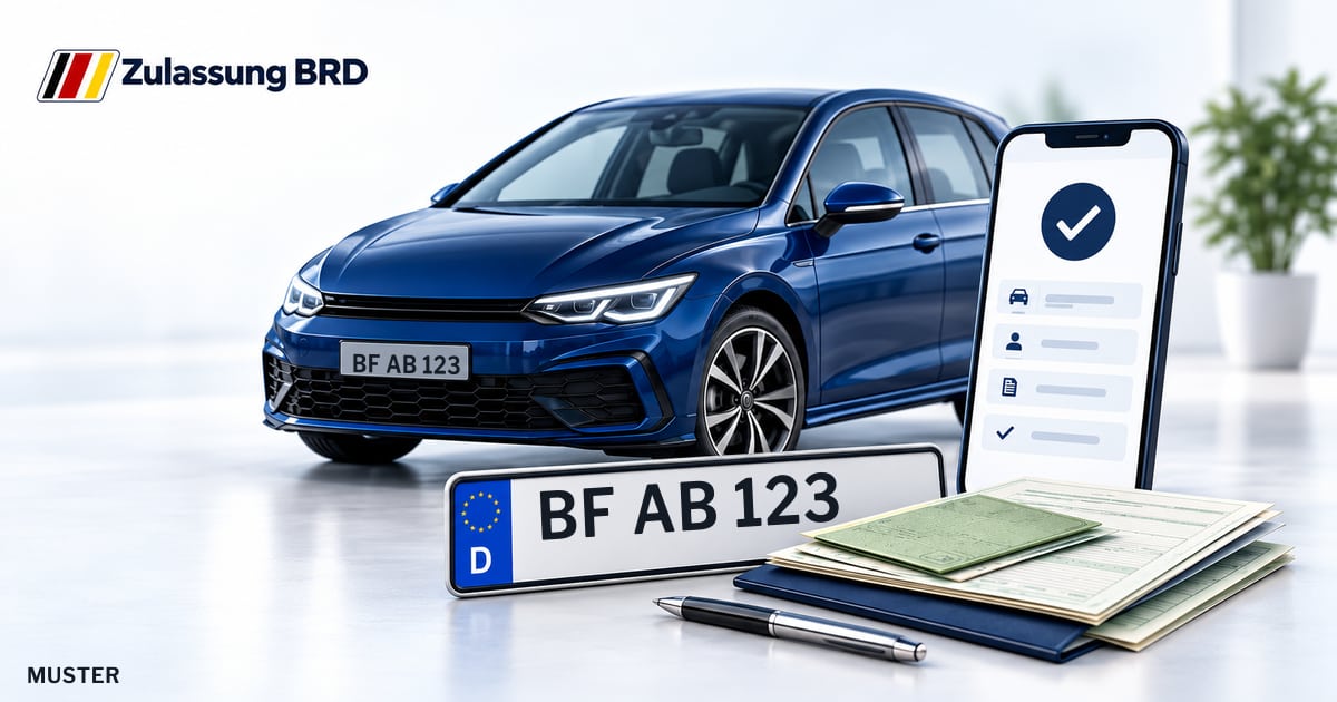 Online Fahrzeugzulassung in Lotte: Musterkennzeichen BF AB 123, Auto und Fahrzeugpapiere und Smartphone. Illustration mit Logo von Zulassung BRD.